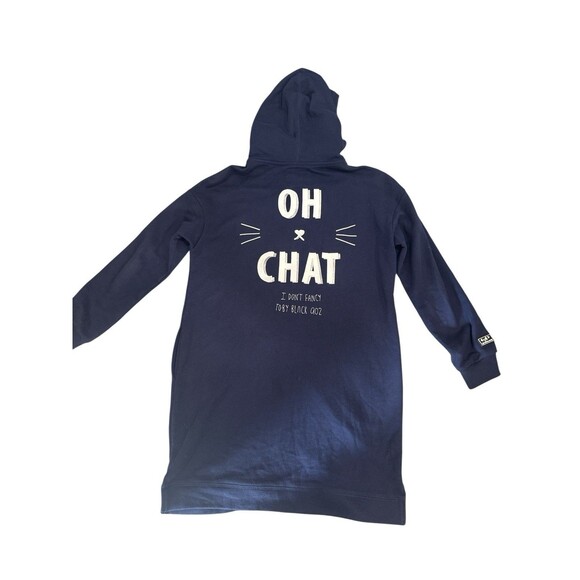 TOBY BLACK Navy Longline Zip-Up Hoodie Dress #MEOW Graphic Patch Sweatshirt M - Picture 8 of 12